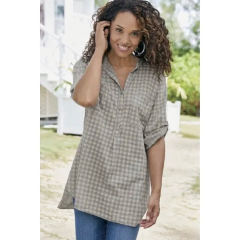 Soft Surroundings Womens Tunic Top Gray Buffalo Plaid Roll Tab Sleeve‎ Pocket S